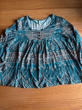 Popyoung Women’s Long Sleeve Paisley/floral Tunic/blouse Teal 2XL Bohemian